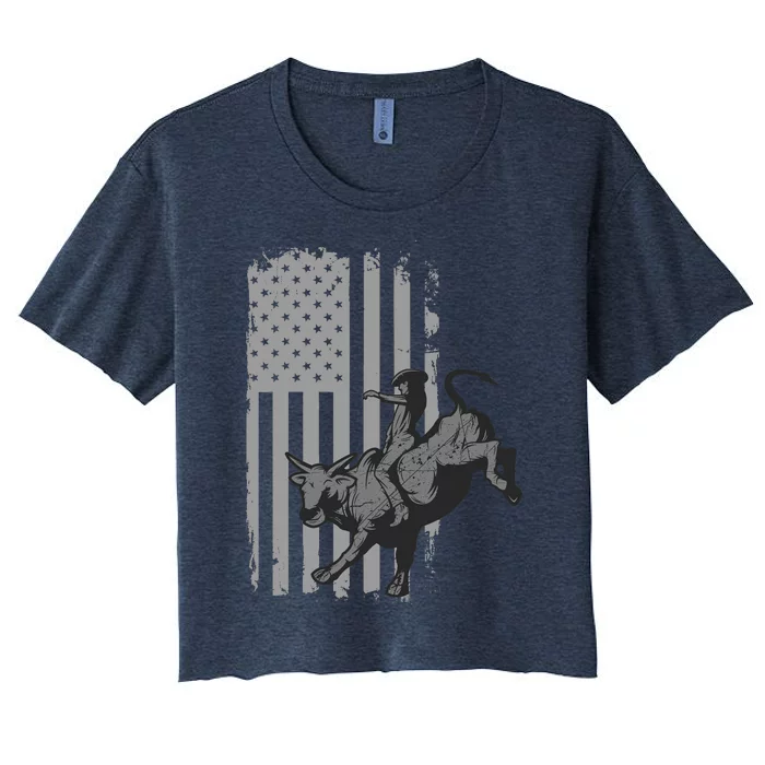 Vintage American Flag Bucking Bull Riding Patriotism Rodeo Women's Crop Top Tee