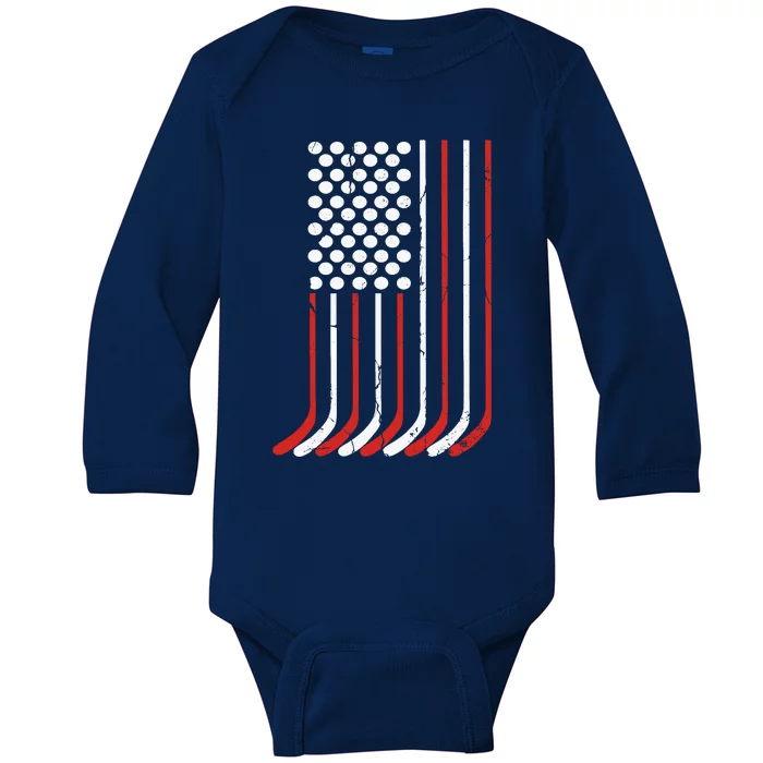 Vintage American Flag Hockey 4th July Boy USA Baby Long Sleeve Bodysuit