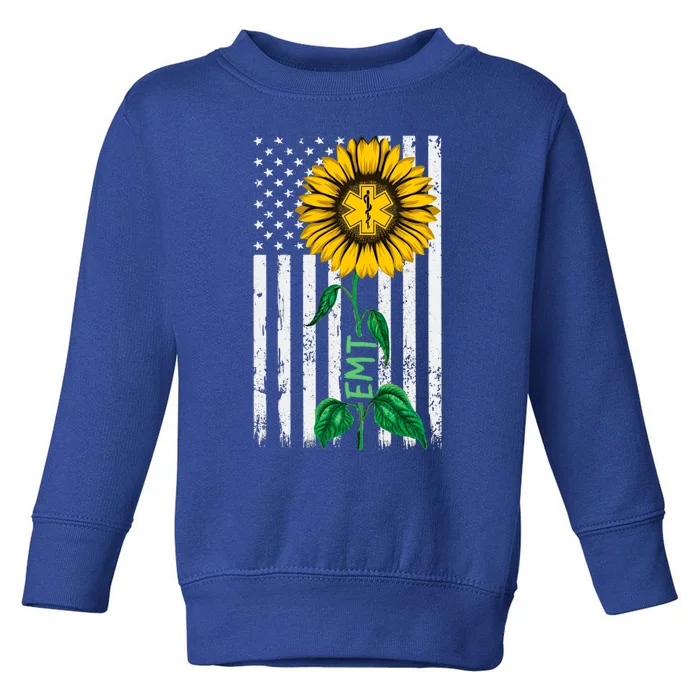 Vintage American Flag Emt Sunflower Hippie Emt Nurse Funny Gift Toddler Sweatshirt