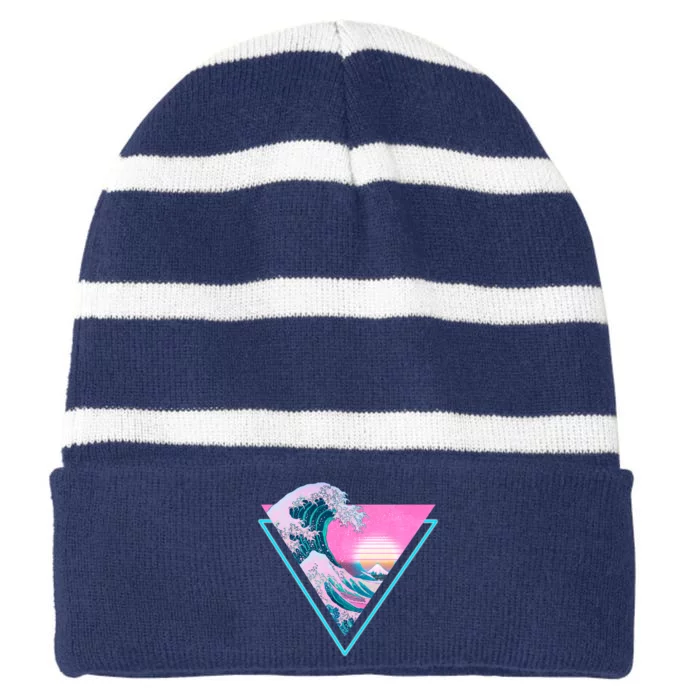 Vaporwave Aesthetic Great Wave Retro Triangle Striped Beanie with Solid Band