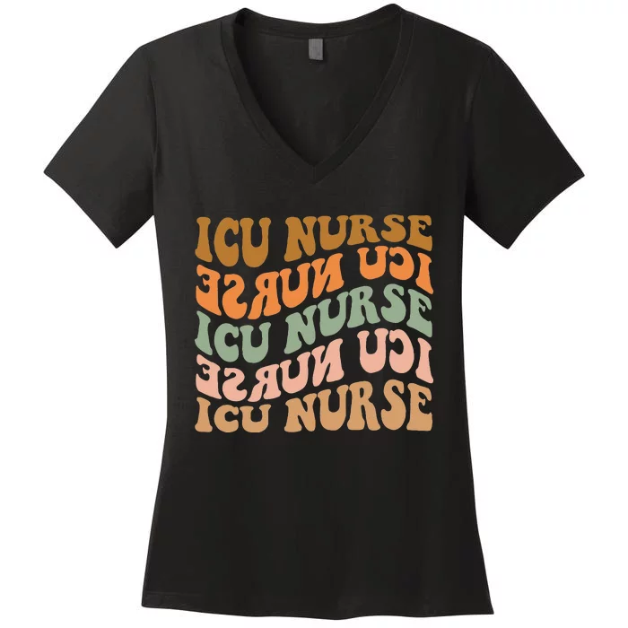 Vintage Autumn Leaves Thankful ICU Nurse Women's V-Neck T-Shirt