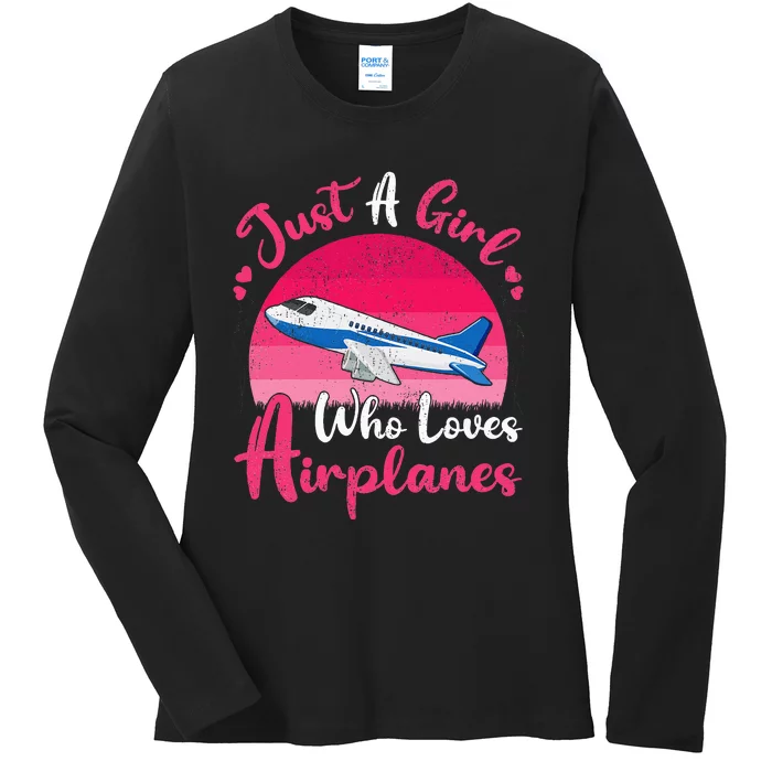 Vintage Airplane Lover Just A Girl Who Loves Airplanes Ladies Long Sleeve Shirt