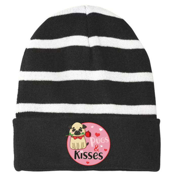 Valentine Pug And Kisses Striped Beanie with Solid Band