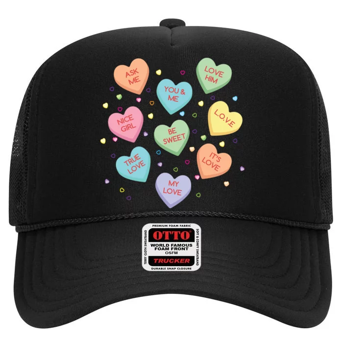 Valentine's Day Candy Hearts High Crown Mesh Trucker Hat