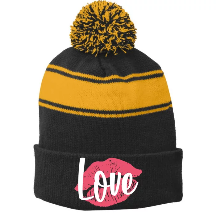 Valentines Day Love Lips Stripe Pom Pom Beanie