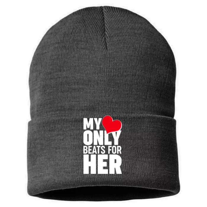 Valentine's Day My Heart Only Beats for Her Matching Couples Sustainable Knit Beanie