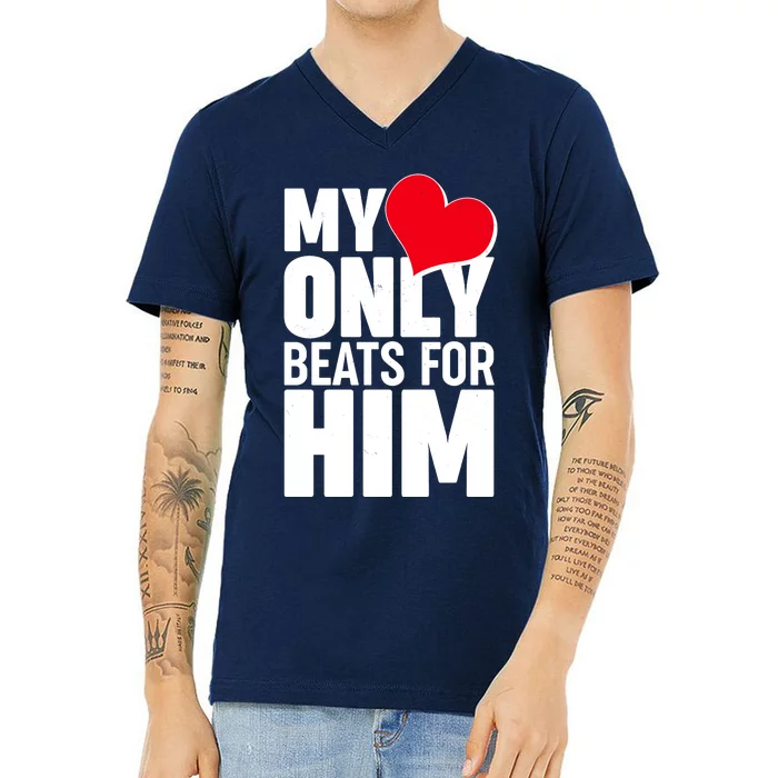 Valentine's Day My Heart Only Beats for Him Matching Couples V-Neck T-Shirt