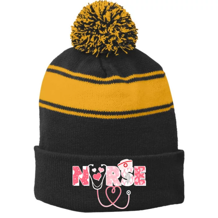 Valentine's Day Nurse Love Stripe Pom Pom Beanie