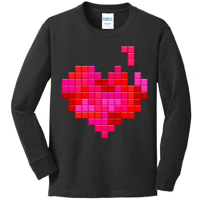 Valentine's Day Retro Video Game Heart Puzzle Kids Long Sleeve Shirt