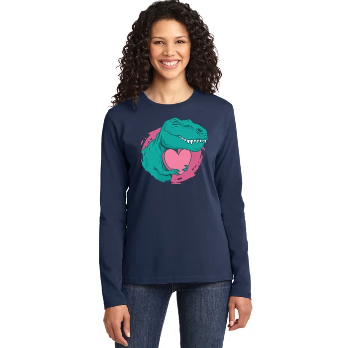 Valentines T-Rex Heart Ladies Long Sleeve Shirt