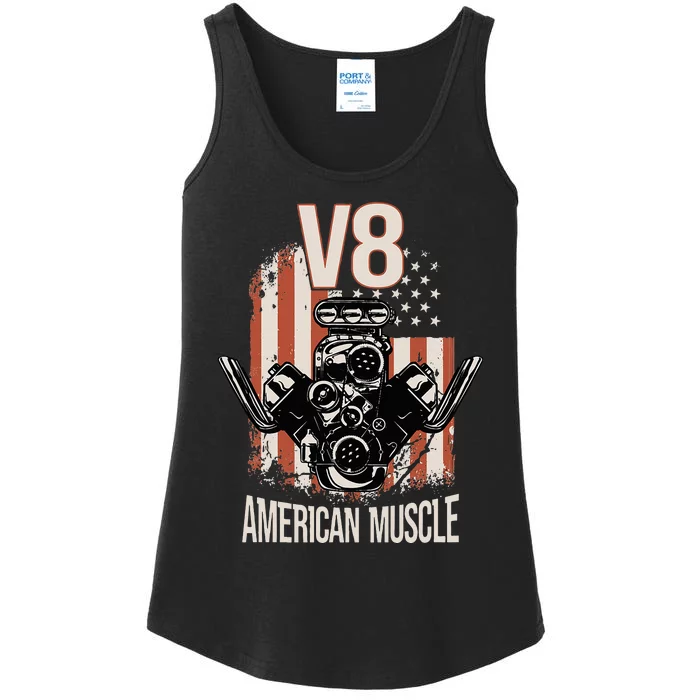 V8 American Muscle Car Usa Flag Engine V8 Ladies Essential Tank