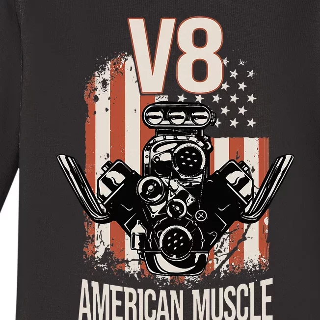 V8 American Muscle Car Usa Flag Engine V8 Baby Long Sleeve Bodysuit