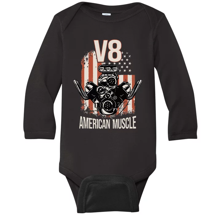 V8 American Muscle Car Usa Flag Engine V8 Baby Long Sleeve Bodysuit