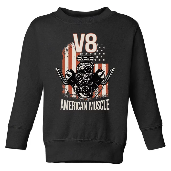 V8 American Muscle Car Usa Flag Engine V8 Toddler Sweatshirt