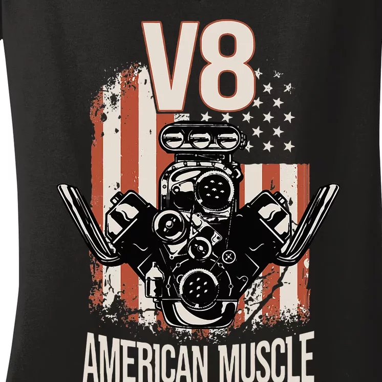 V8 American Muscle Car Usa Flag Engine V8 Women's V-Neck T-Shirt