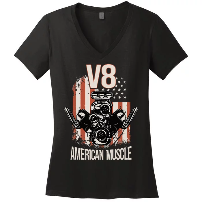 V8 American Muscle Car Usa Flag Engine V8 Women's V-Neck T-Shirt