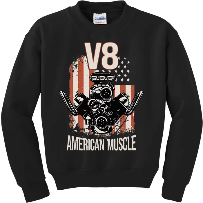 V8 American Muscle Car Usa Flag Engine V8 Kids Sweatshirt