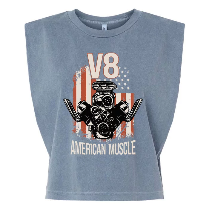 V8 American Muscle Car Usa Flag Engine V8 Garment-Dyed Women's Muscle Tee