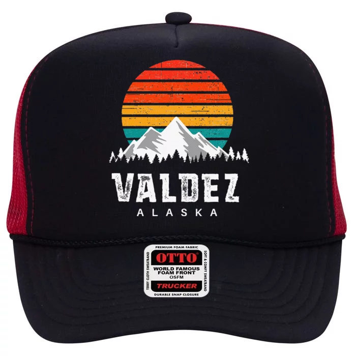 Valdez Alaska Mountain Scene Skiing & Hiking Lovers' High Crown Mesh Trucker Hat