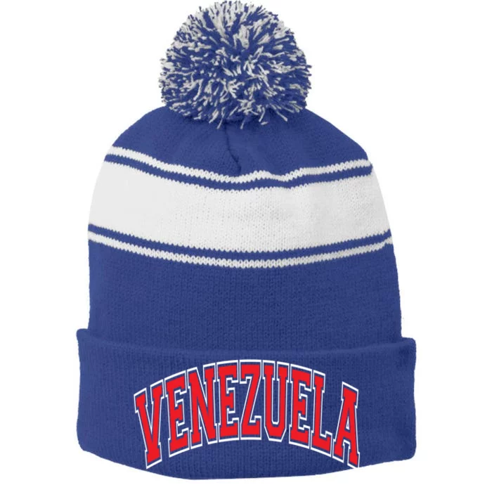 Venezuela Arched Red Text Gift Stripe Pom Pom Beanie