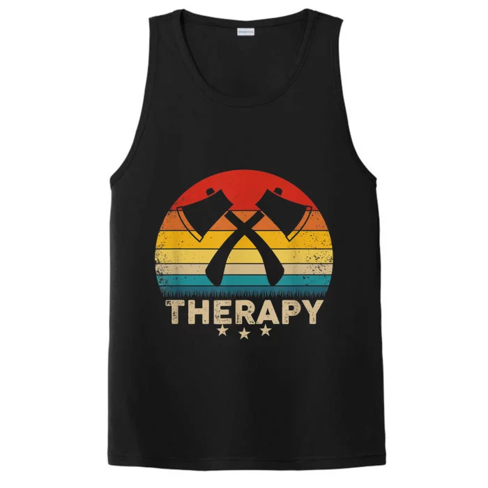 Vintage Axe Throwing Therapy Silhouette Retro Sunset Performance Tank