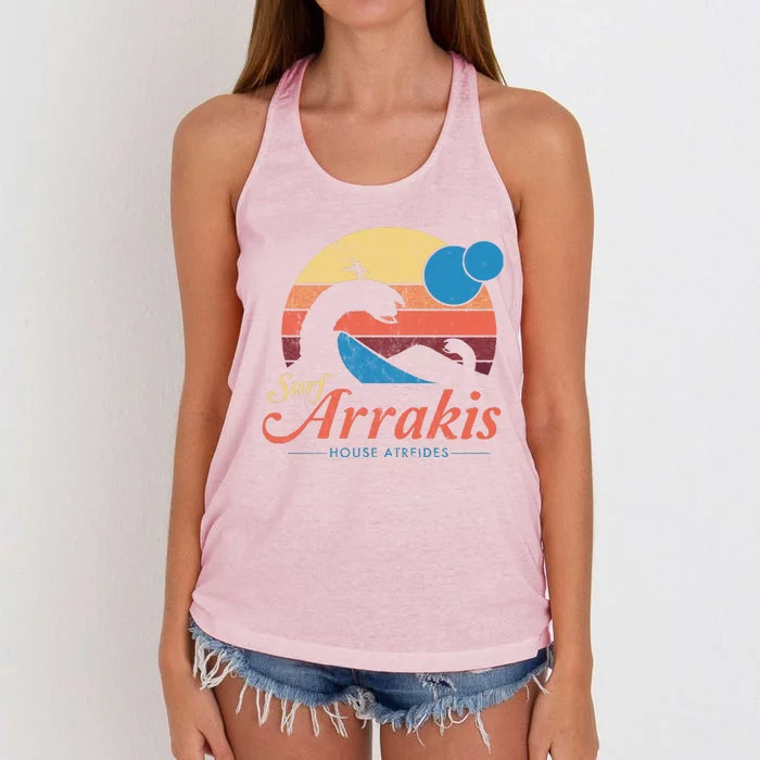 Visit Arrakis Vintage Distressed Surf Dune Sci Fi Women's Knotted Racerback Tank