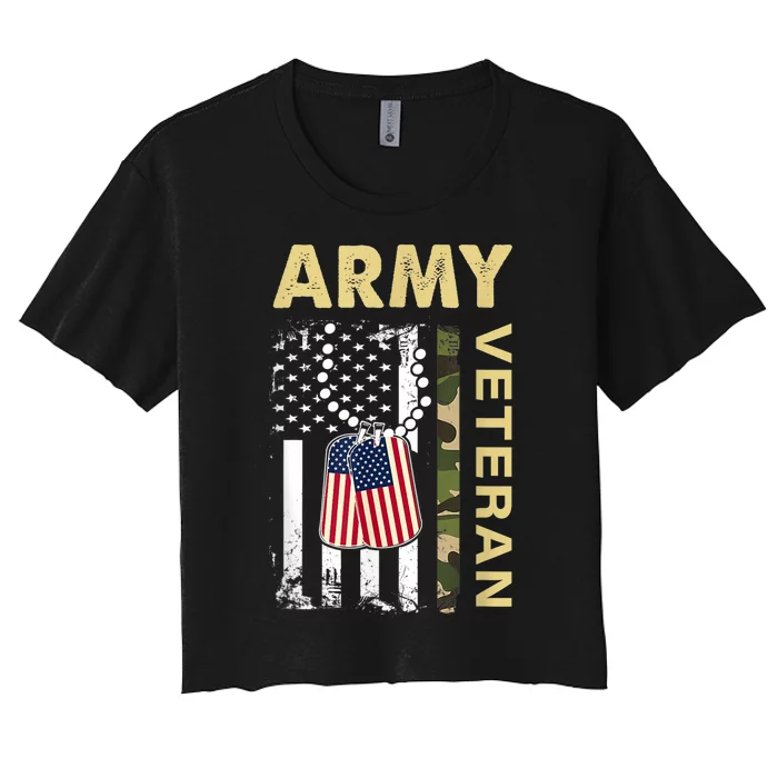 Vintage Army  Veteran Day American Flag Women's Crop Top Tee