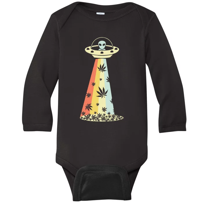 Vintage Alien Weed Pot Leaf UFO Abduction Marijuana Cannabis Baby Long Sleeve Bodysuit