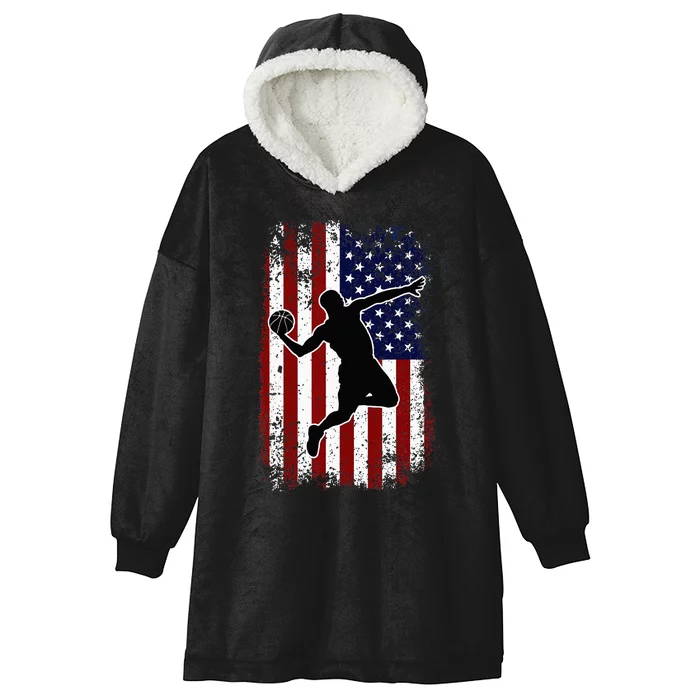 Vintage Basketball 4th Of July USA American Flag Hooded Wearable Blanket