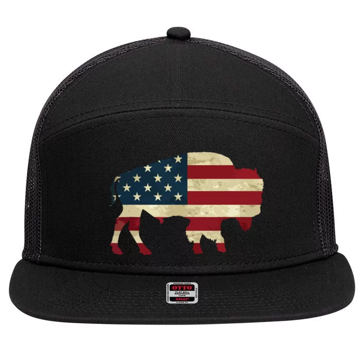 Vintage Buffalo American Flag Bison Patriotic Gift 7 Panel Mesh Trucker Snapback Hat