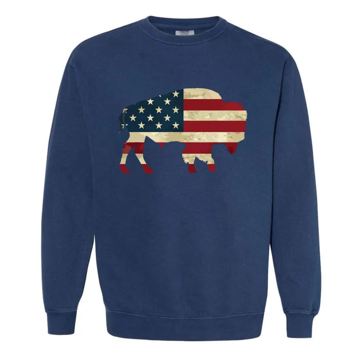 Vintage Buffalo American Flag Bison Patriotic Gift Garment-Dyed Sweatshirt