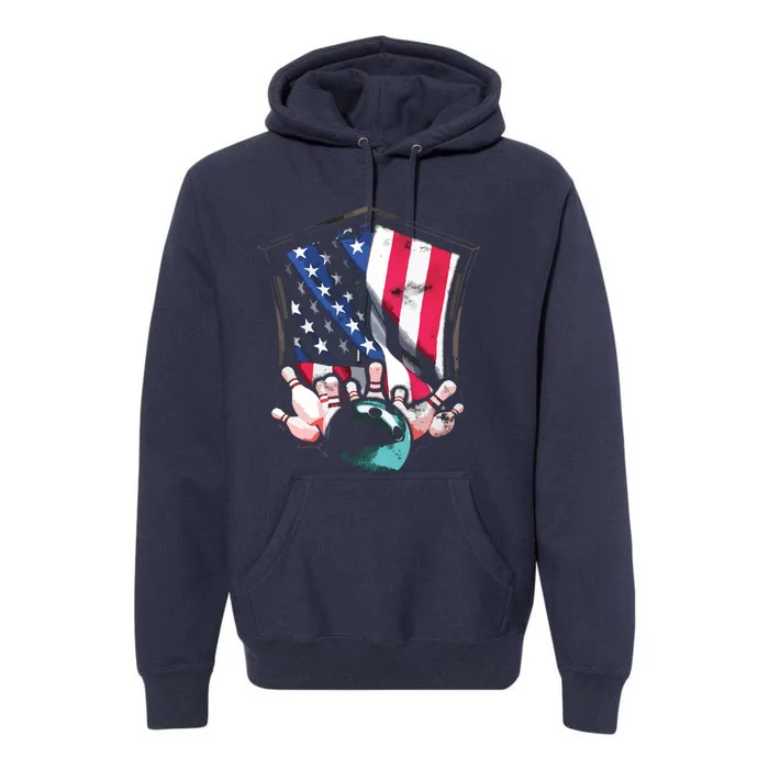 Vintage Bowling American USA Flag Bowling Premium Hoodie