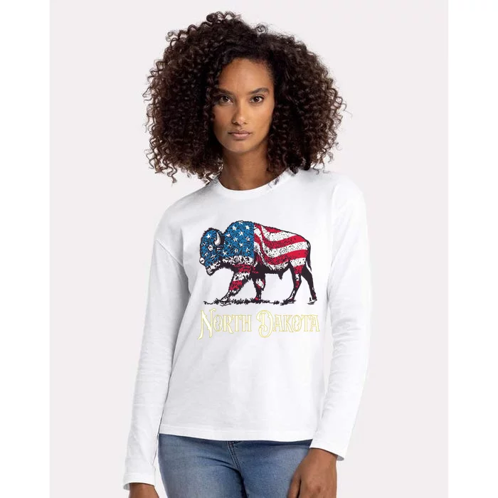 Vintage Buffalo American Flag Patriotic North Dakota Bison Womens Cotton Relaxed Long Sleeve T-Shirt