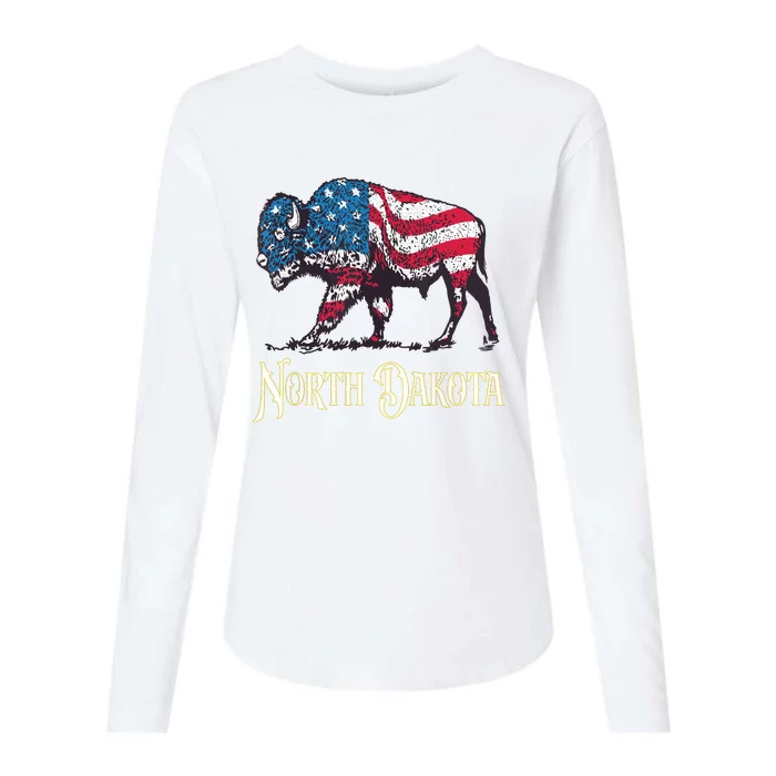 Vintage Buffalo American Flag Patriotic North Dakota Bison Womens Cotton Relaxed Long Sleeve T-Shirt