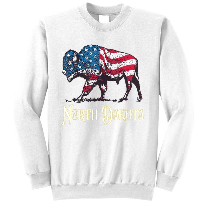 Vintage Buffalo American Flag Patriotic North Dakota Bison Sweatshirt