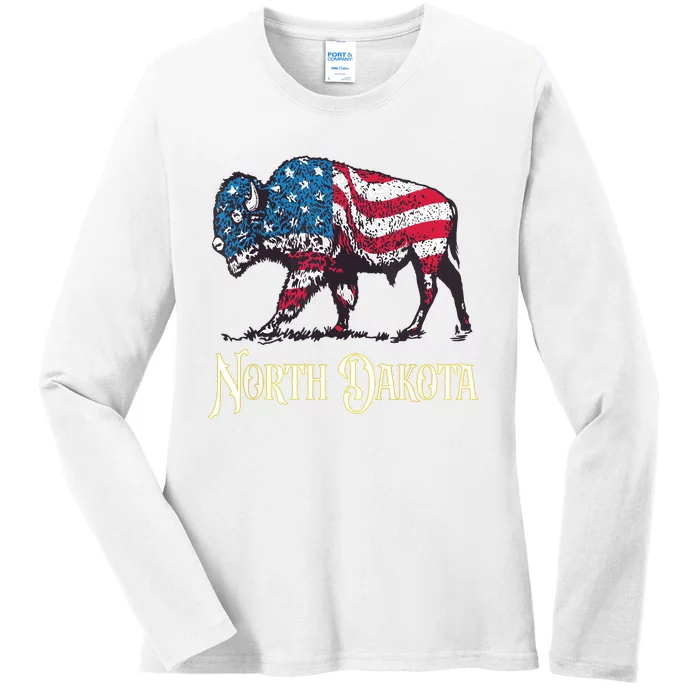 Vintage Buffalo American Flag Patriotic North Dakota Bison Ladies Long Sleeve Shirt