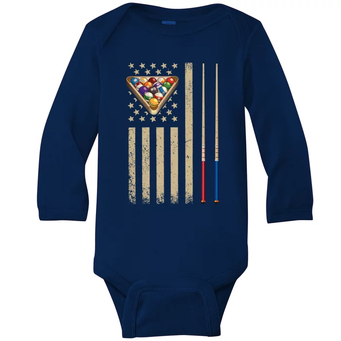 Vintage Billiard American Flag Pool Player Gift Baby Long Sleeve Bodysuit