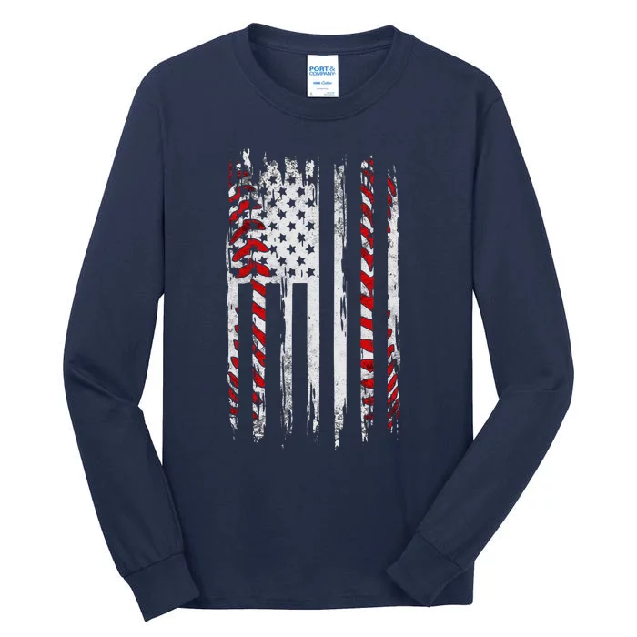 Vintage Baseball American Flag Tall Long Sleeve T-Shirt