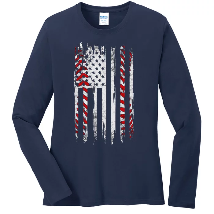 Vintage Baseball American Flag Ladies Long Sleeve Shirt