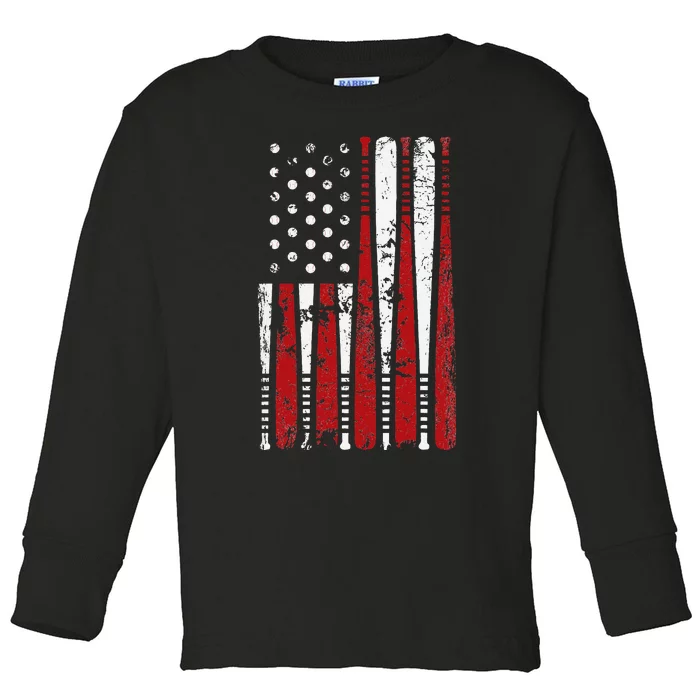 Vintage Baseball Bat American USA Flag Baseball Toddler Long Sleeve Shirt