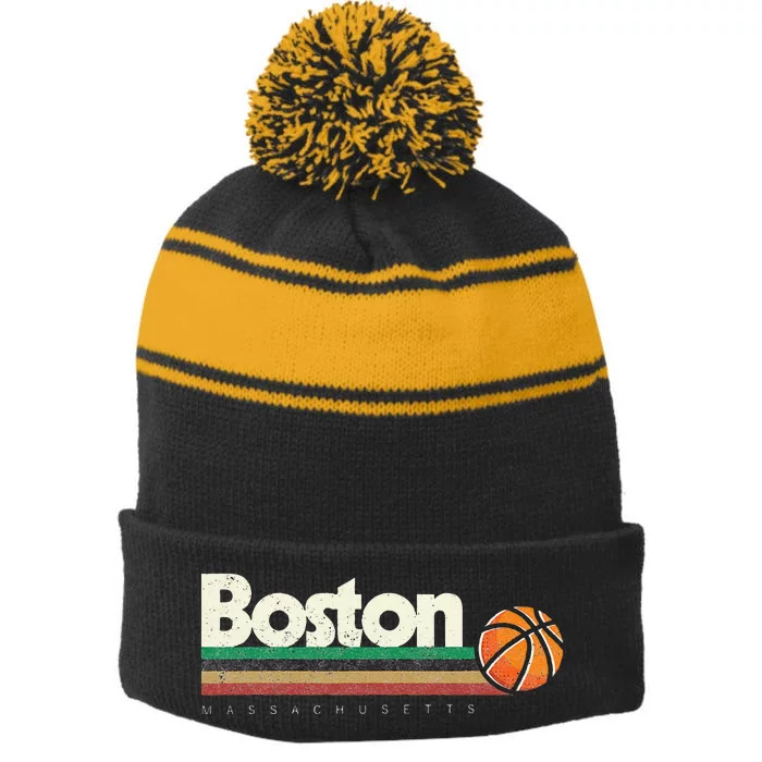 Vintage Basketball Boston City B Ball Retro Stripes Stripe Pom Pom Beanie