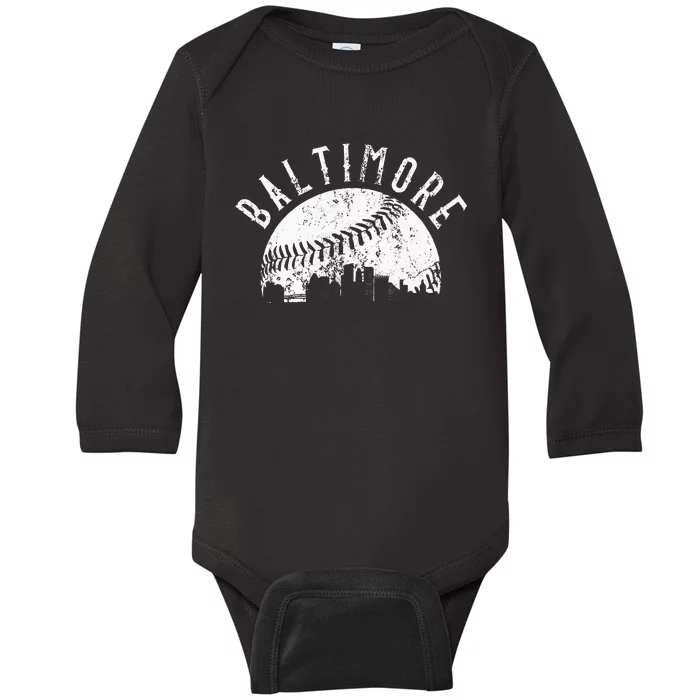 Vintage Baseball Baltimore Maryland Skyline Apparel Baby Long Sleeve Bodysuit