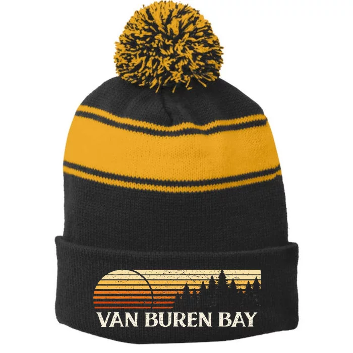 Van Buren Bay Ny Vintage Evergreen Sunset Eighties Retro Stripe Pom Pom Beanie