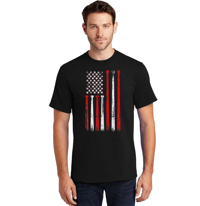 Vintage Baseball Bat American USA Flag Baseball Graphic Tall T-Shirt