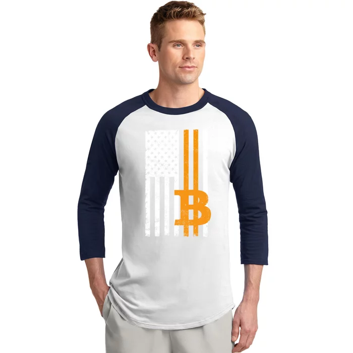 Vintage Bitcoin BTC USA Flag Crypto Currency Traders Bitcoin Baseball Sleeve Shirt