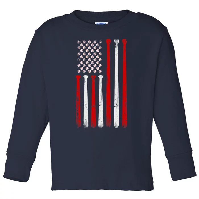 Vintage Baseball Bat American USA Flag Baseball Graphic Toddler Long Sleeve Shirt