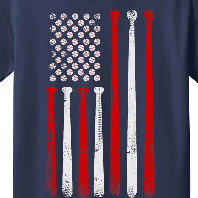 Vintage Baseball Bat American USA Flag Baseball Graphic Kids T-Shirt