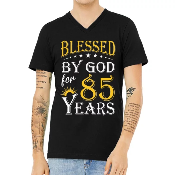 Vintage Blessed by God for 85 years Happy 85th Birthday V-Neck T-Shirt