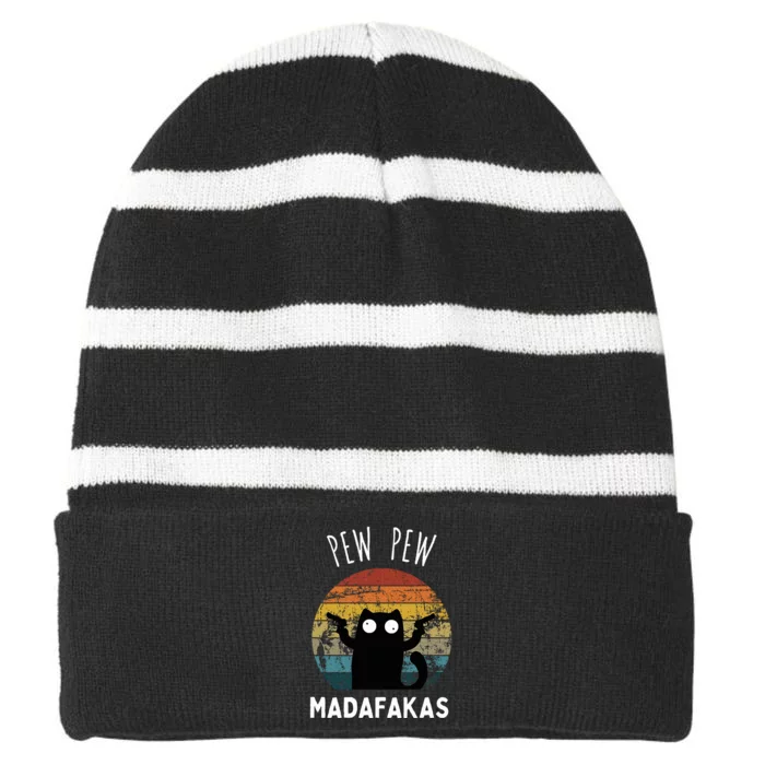 Vintage Black Cat Pew Pew Madafakas Striped Beanie with Solid Band