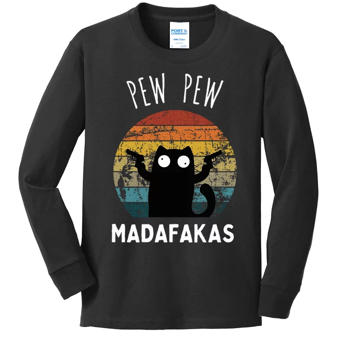 Vintage Black Cat Pew Pew Madafakas Kids Long Sleeve Shirt